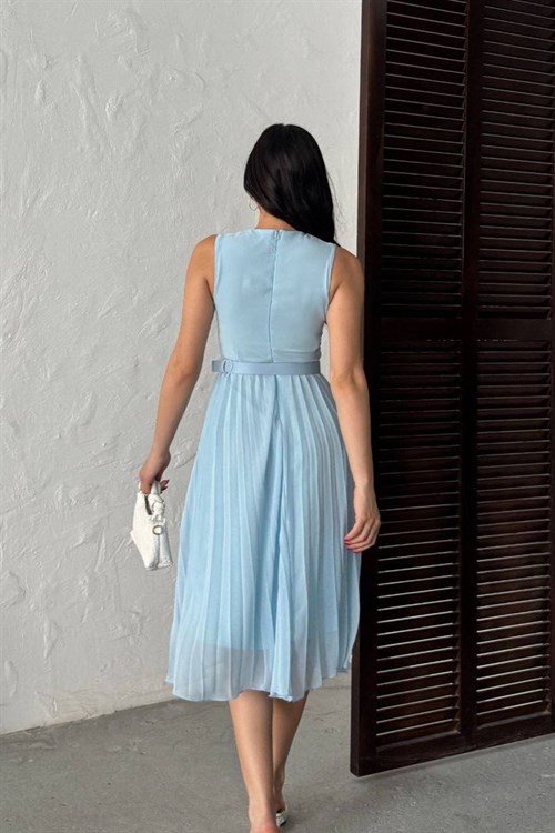 Wholesale Baby Blue Pleated Chiffon Dress with Belt