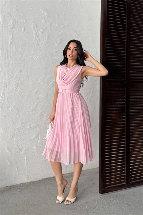 Wholesale Baby Pink Pleated Chiffon Dress with Belt