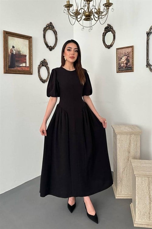 Wholesale Black Lantern-Sleeve Linen Dress