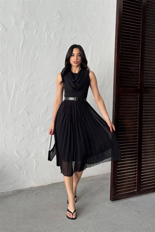 Wholesale Black Pleated Chiffon Dress with Belt