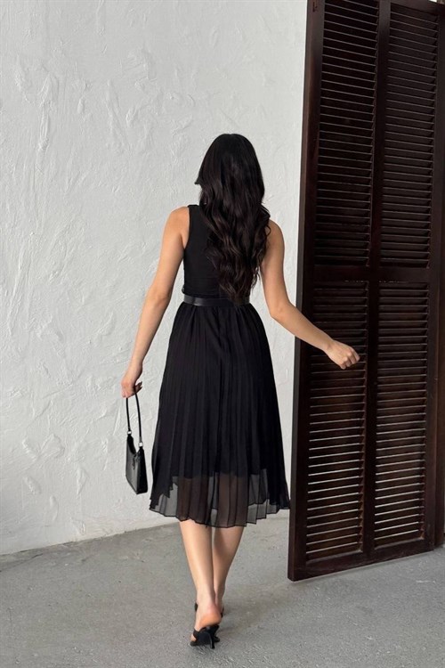 Wholesale Black Pleated Chiffon Dress with Belt