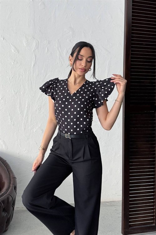 Wholesale Black Polka Dot Puff Shoulder Blouse