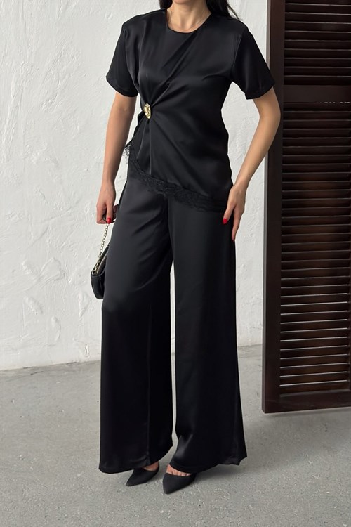 Wholesale Black Satin Two-Piece Set