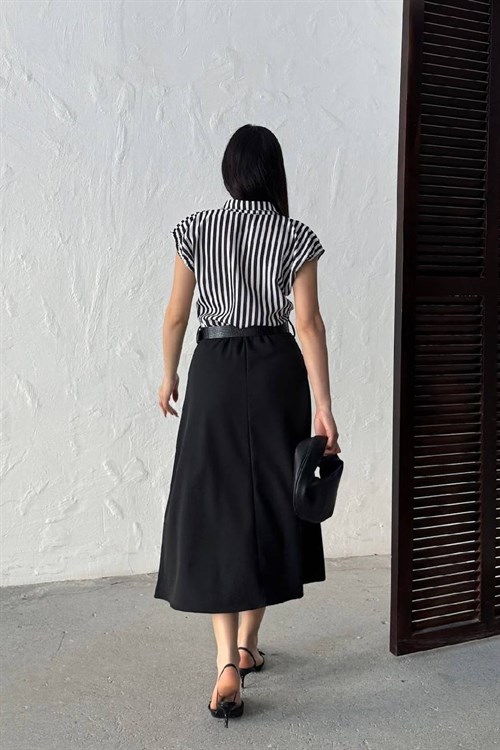 Wholesale Black Striped Shirt-Dress with Belt