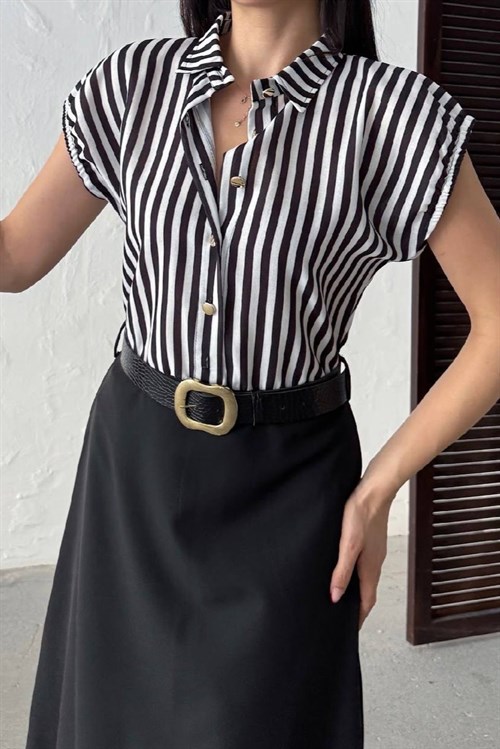 Wholesale Black Striped Shirt-Dress with Belt