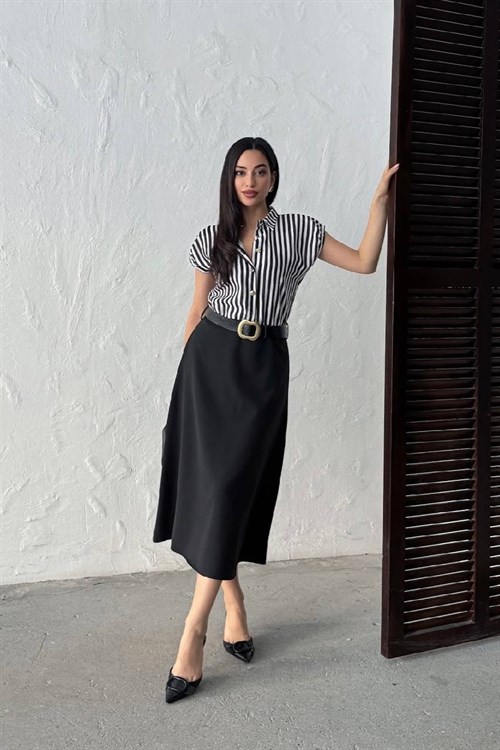 Wholesale Black Striped Shirt-Dress with Belt