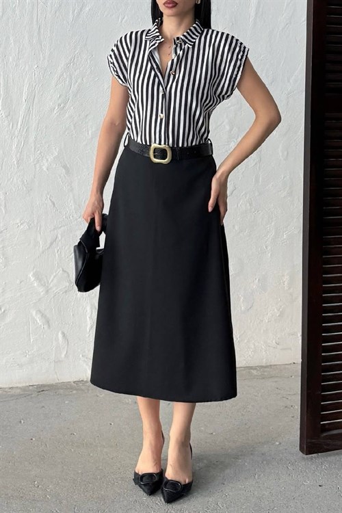 Wholesale Black Striped Shirt-Dress with Belt