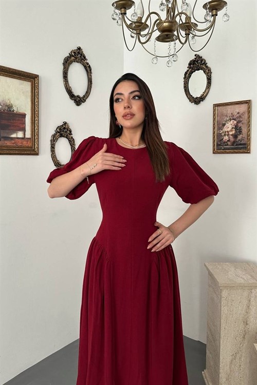 Wholesale Burgundy Lantern-Sleeve Linen Dress