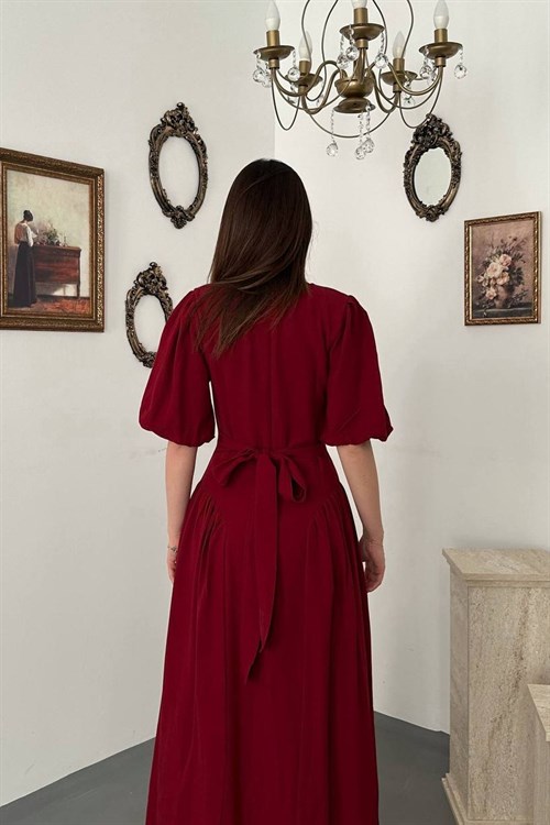 Wholesale Burgundy Lantern-Sleeve Linen Dress