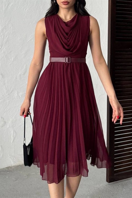 Wholesale Burgundy Pleated Chiffon Dress with Belt