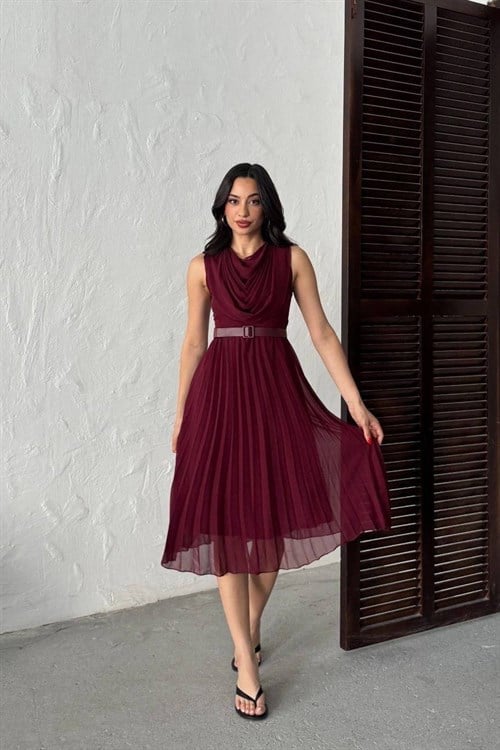 Wholesale Burgundy Pleated Chiffon Dress with Belt