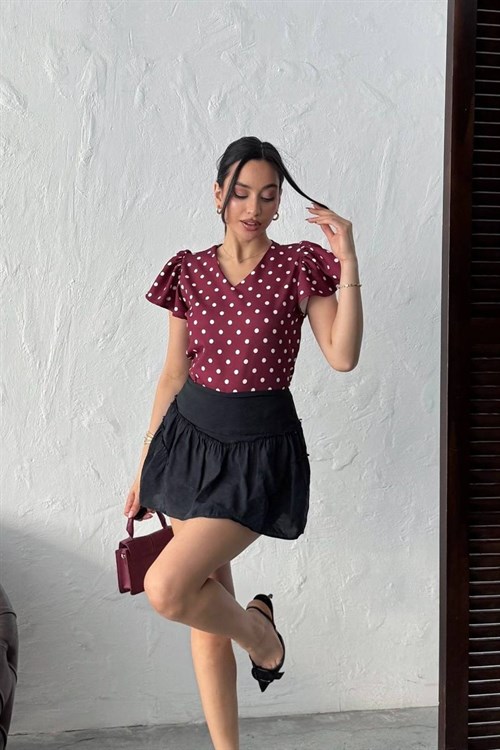 Wholesale Burgundy Polka Dot Puff Shoulder Blouse