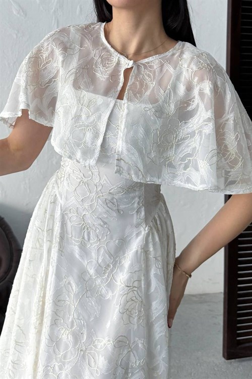 Wholesale Ecru Jacquard Organza Dress with Overlay