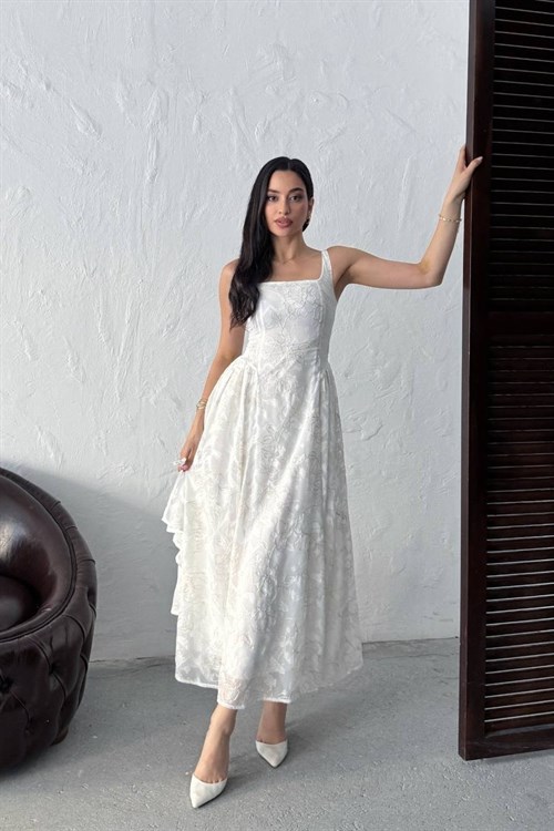 Wholesale Ecru Jacquard Organza Dress with Overlay