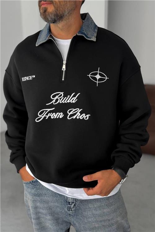 Wholesale Men Black Printed Zip-Up Detailed Sweatshirt