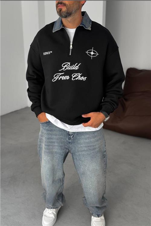 Wholesale Men Black Printed Zip-Up Detailed Sweatshirt