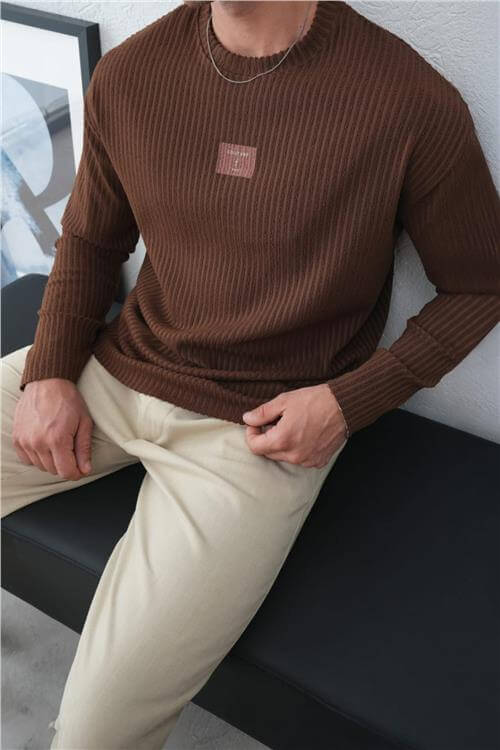 Wholesale Men Brown Crew-Neck Sweatshirt