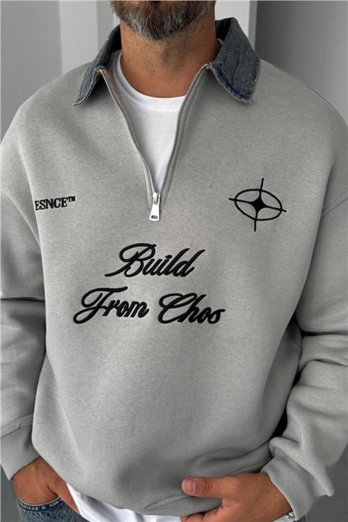 Wholesale Men Gray Printed Zip-Up Detailed Sweatshirt