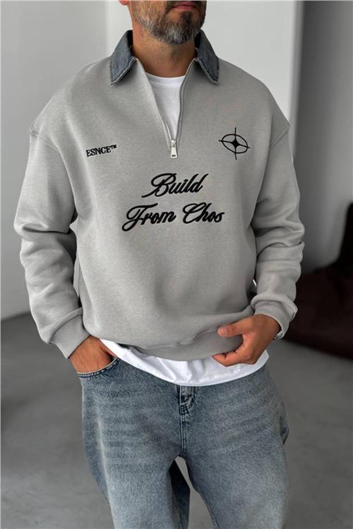 Wholesale Men Gray Printed Zip-Up Detailed Sweatshirt