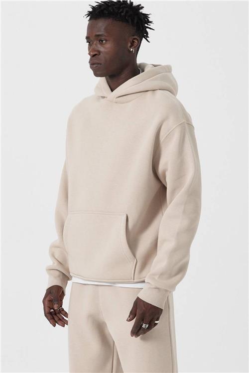 Wholesale Men Light Beige Hoodie with Kangaroo Pocket