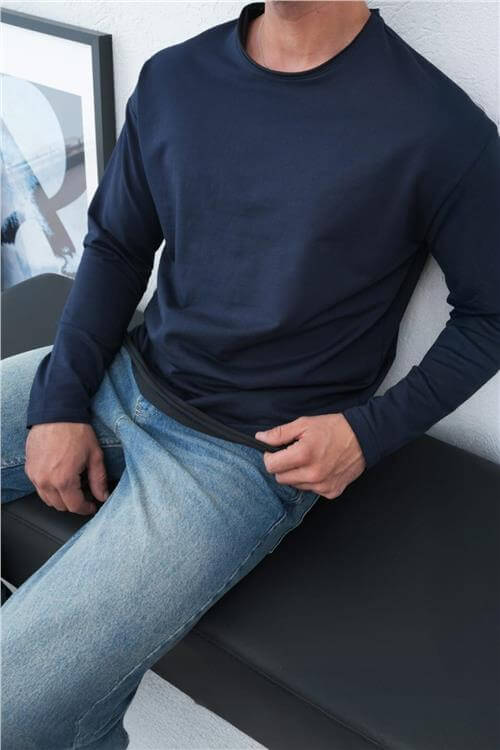 Wholesale Men Navy Crew-Neck Sweatshirt