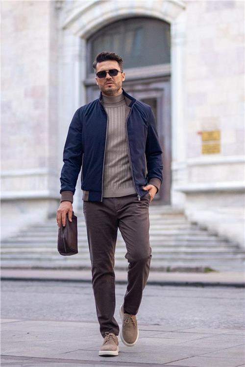 Wholesale Men Navy Ribbed Bomber Jacket