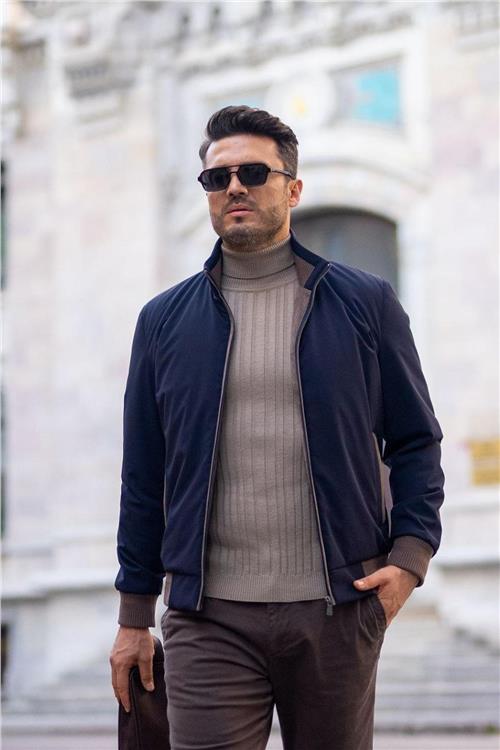 Wholesale Men Navy Ribbed Bomber Jacket