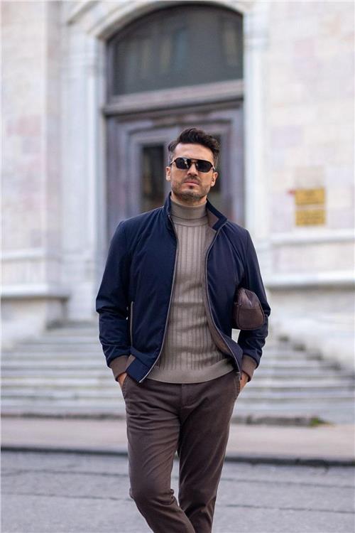 Wholesale Men Navy Ribbed Bomber Jacket