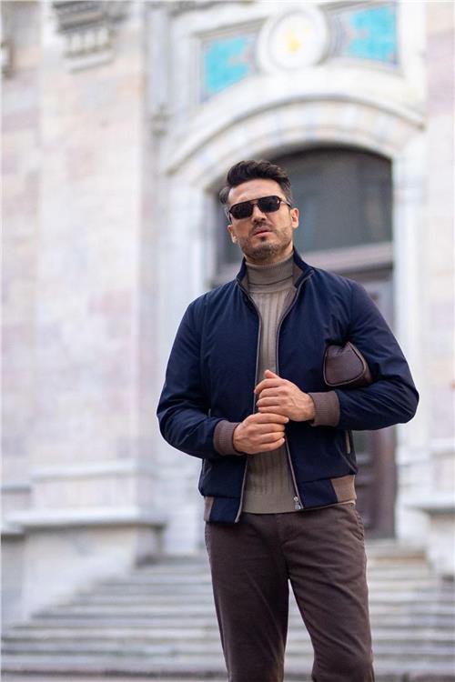 Wholesale Men Navy Ribbed Bomber Jacket