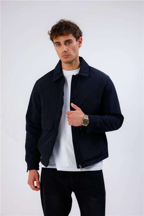Wholesale Men Navy Zippered Jacket With Pocket Detail