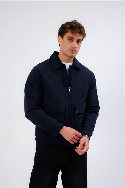 Wholesale Men Navy Zippered Jacket With Pocket Detail