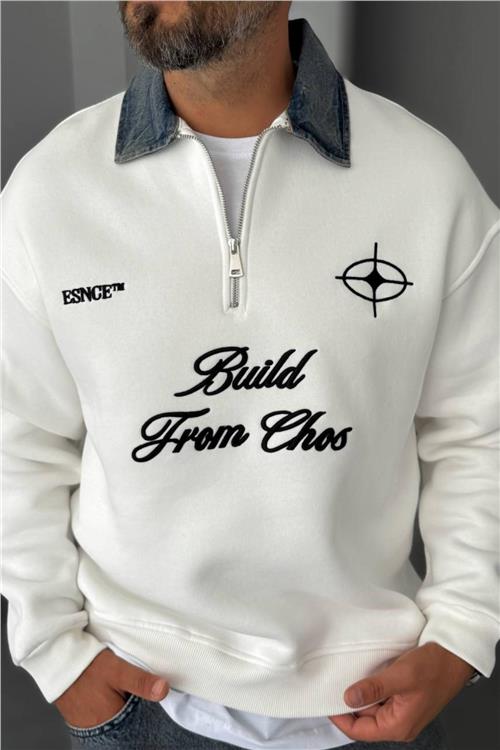 Wholesale Men White Printed Zip-Up Detailed Sweatshirt
