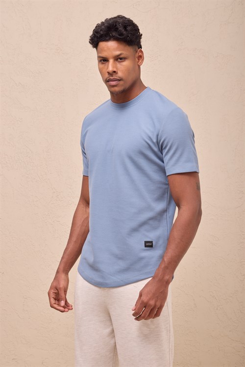 Wholesale Mens Aqua Blue Regular Fit Double-Knit Crew-Neck T-Shirt