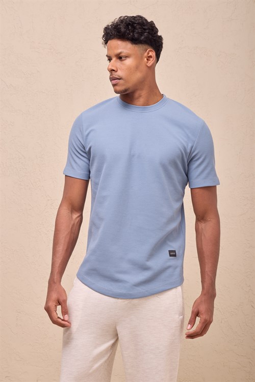 Wholesale Mens Aqua Blue Regular Fit Double-Knit Crew-Neck T-Shirt