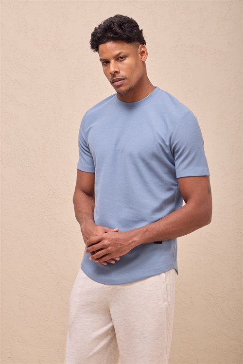 Wholesale Mens Aqua Blue Regular Fit Double-Knit Crew-Neck T-Shirt