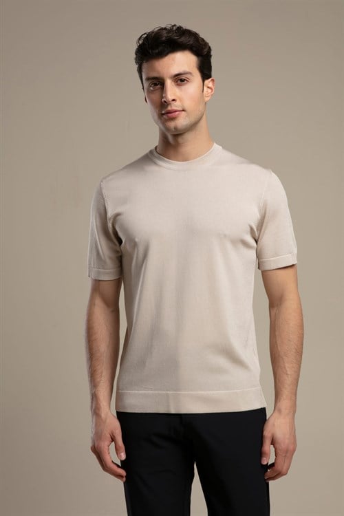 Wholesale Mens Beige Knit Crew-Neck T-Shirt