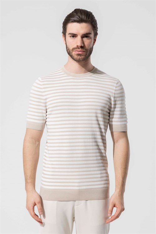 Wholesale Mens Beige Knit Crew-Neck T-Shirt