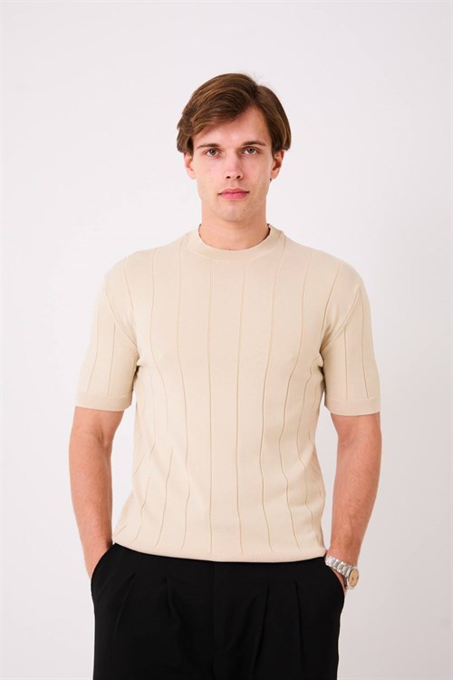 Wholesale Mens Beige Knit Crew-Neck T-Shirt
