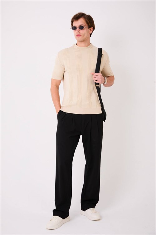 Wholesale Mens Beige Knit Crew-Neck T-Shirt