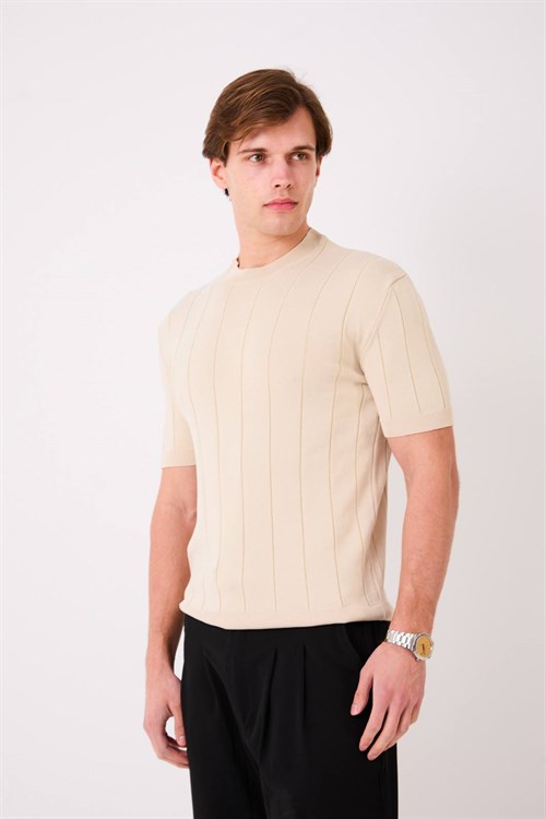 Wholesale Mens Beige Knit Crew-Neck T-Shirt