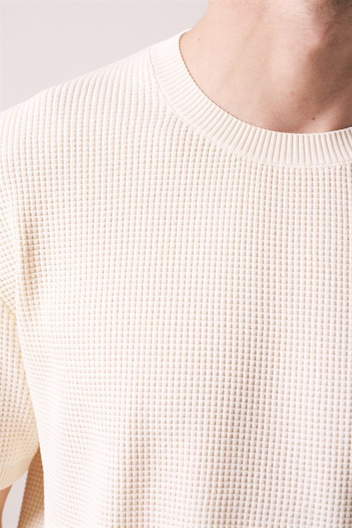 Wholesale Mens Beige Knit Crew-Neck T-Shirt