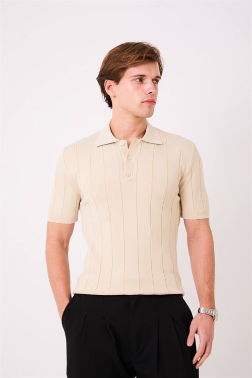 Wholesale Mens Beige Knit Polo T-Shirt
