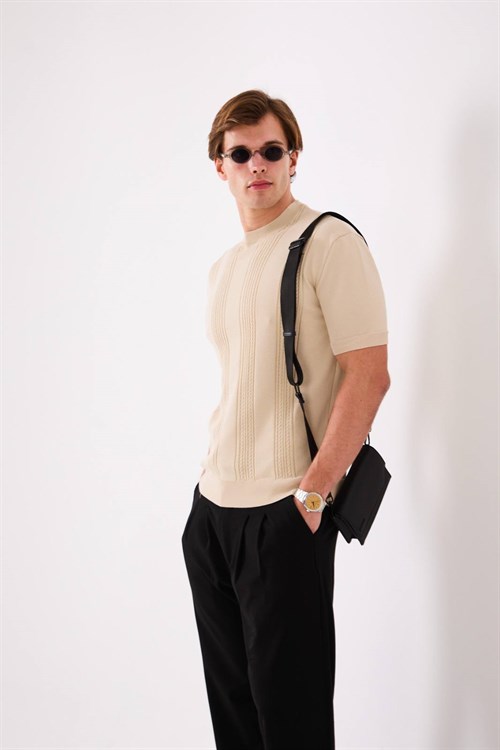 Wholesale Mens Beige Knit Polo T-Shirt