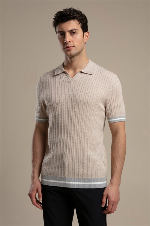 Wholesale Mens Beige Knit Polo T-Shirt