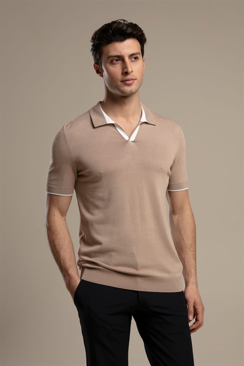 Wholesale Mens Beige Knit Polo T-Shirt