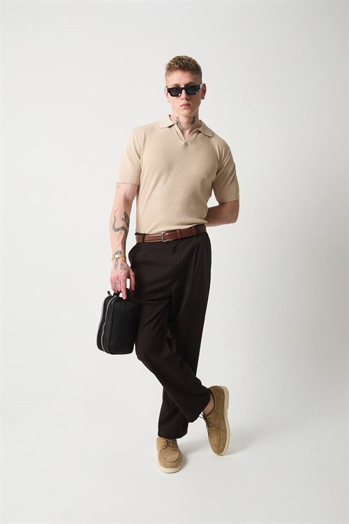 Wholesale Mens Beige Knit Polo T-Shirt