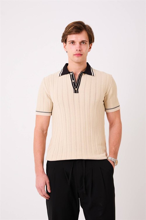 Wholesale Mens Beige Knit Polo T-Shirt