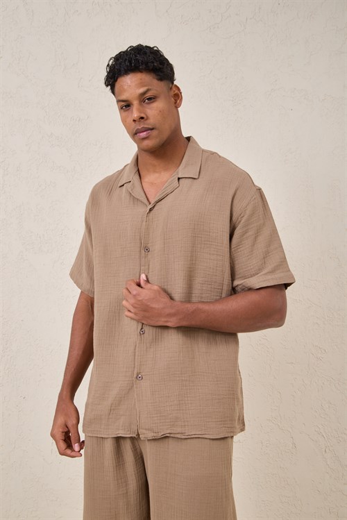 Wholesale Mens Beige Muslin Resort Collar Shirt