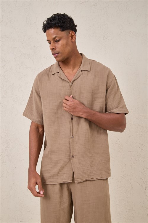 Wholesale Mens Beige Muslin Resort Collar Shirt