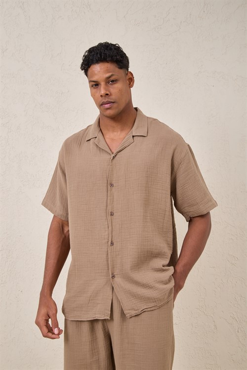 Wholesale Mens Beige Muslin Resort Collar Shirt